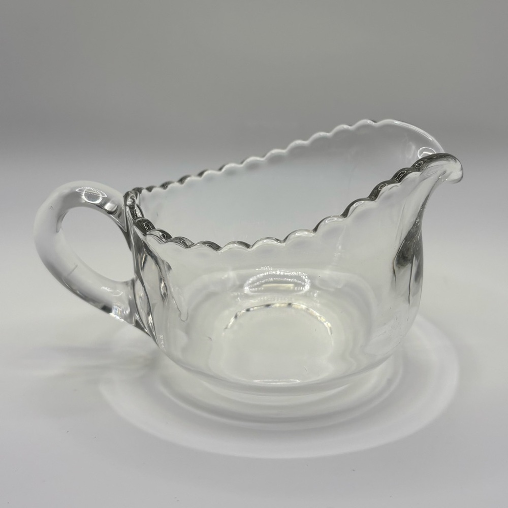 Beautiful Vintage Glass Creamer Bowl Pitcher w/ Handle, Crimped Edge Scalloped